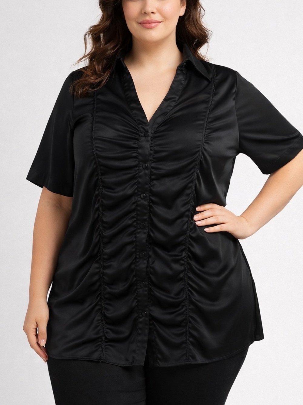 PENNINGTONS Black Satin Ruched Button-Front Blouse 2X
